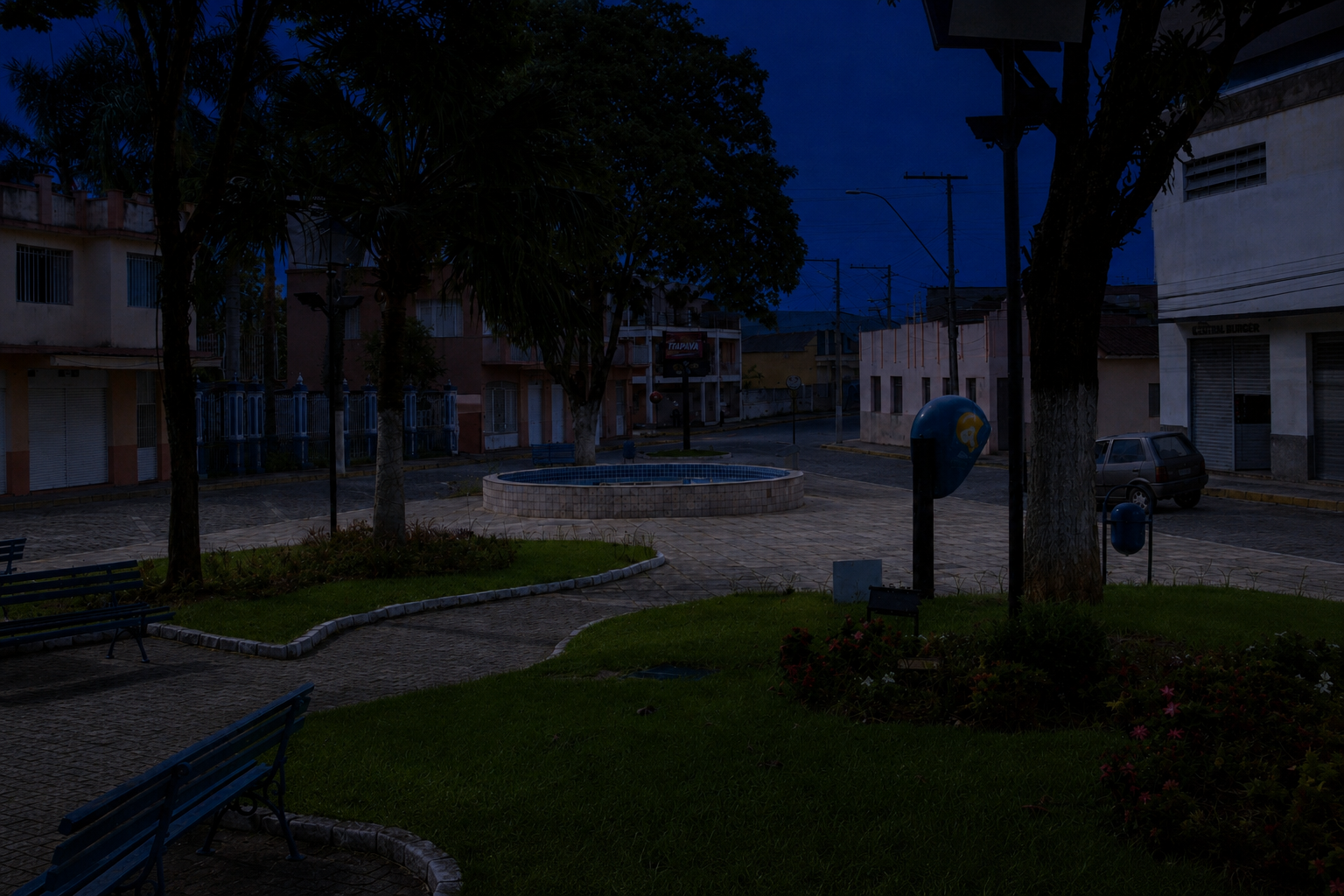 Rua escura à noite durante apagão em Conceição do Rio Verde